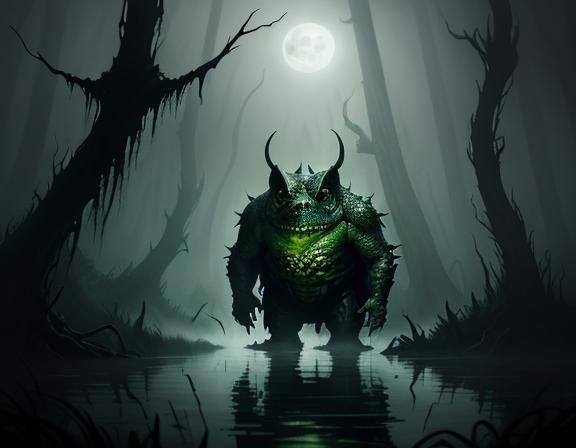 Menacing Bullywug Lurking in Misty Swamp