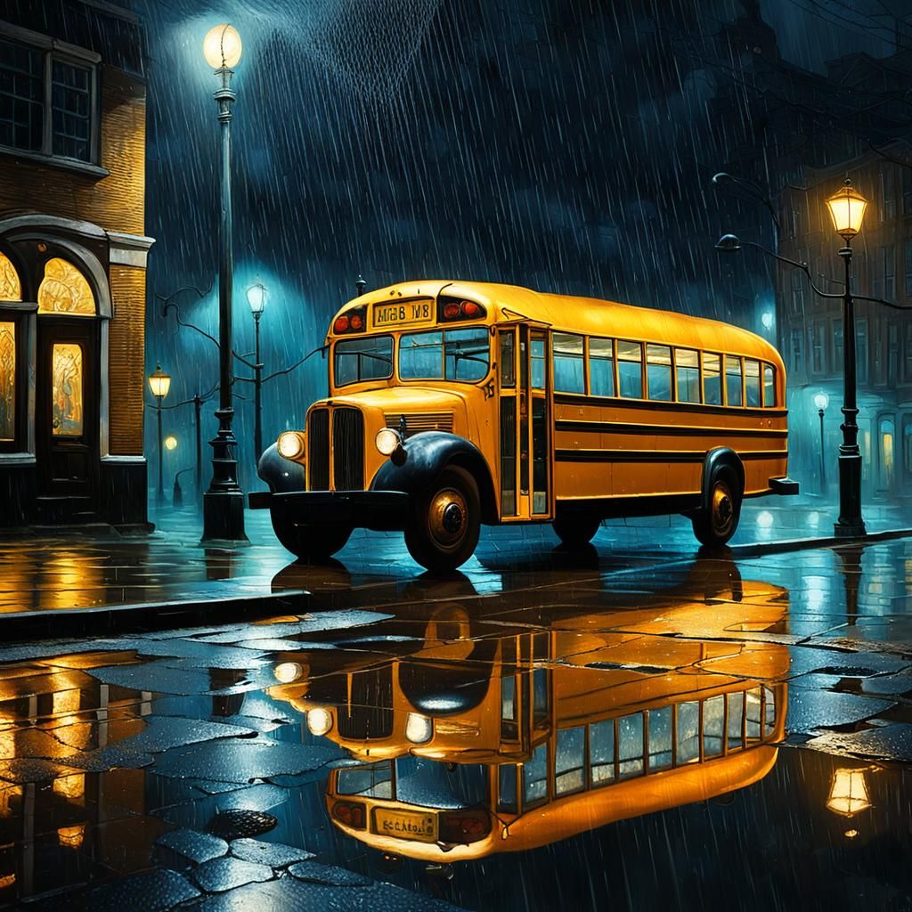 Surreal School Bus in Rainy Cityscape