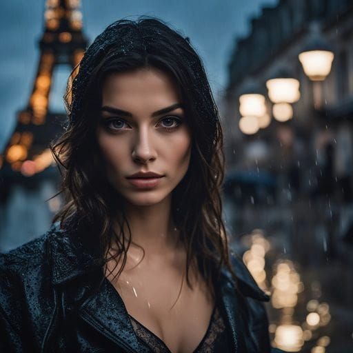 French Girl Portrait in Rainy Paris, Splash Art