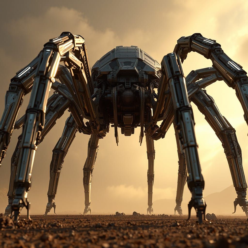 Mechanical Giant Spider Robot in Futuristic Landscape