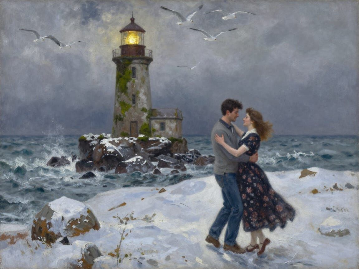 Mossy Lighthouse on Rocky Outcrop in Stormy Seas