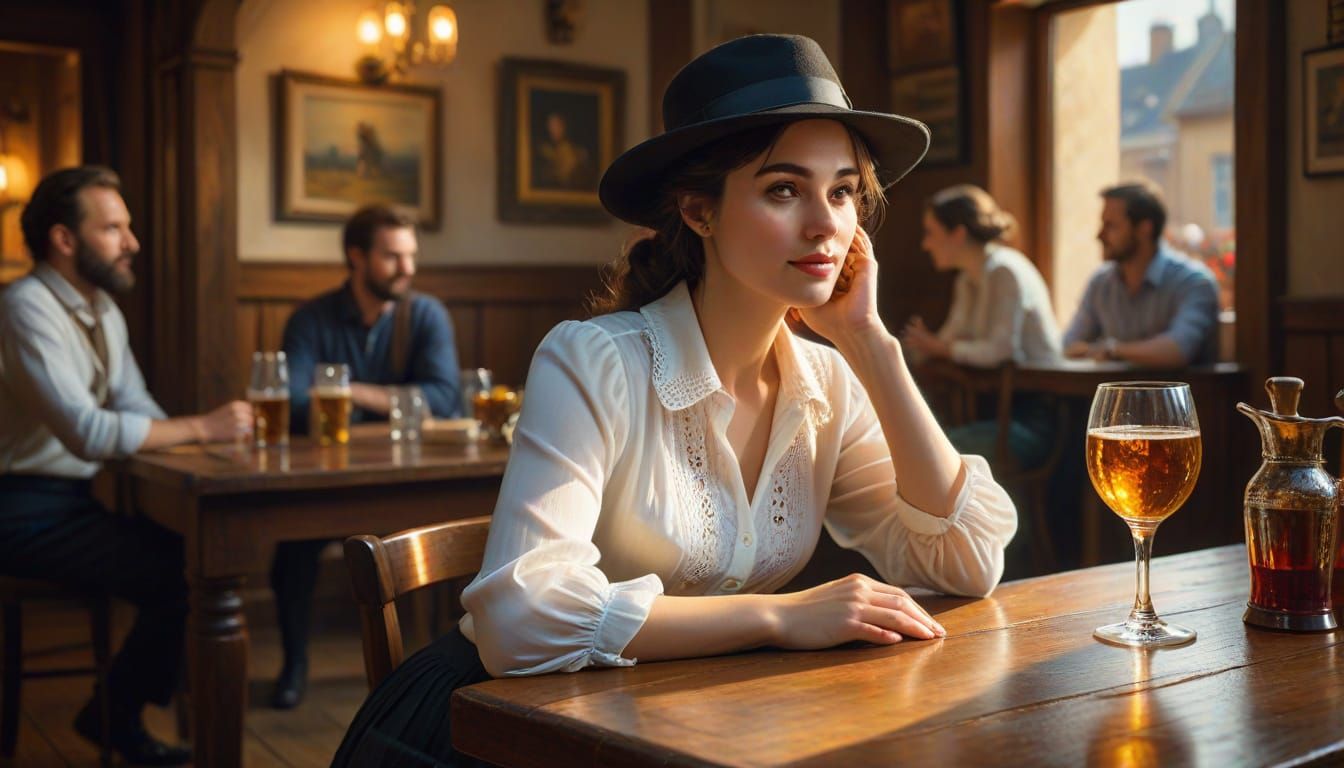 Cozy Tavern Scene in Warm Golden Light