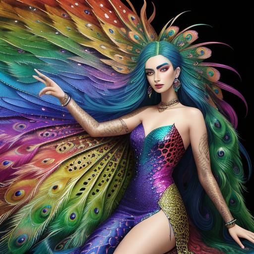 Rainbow Dragon Woman in Psychedelic Illustration