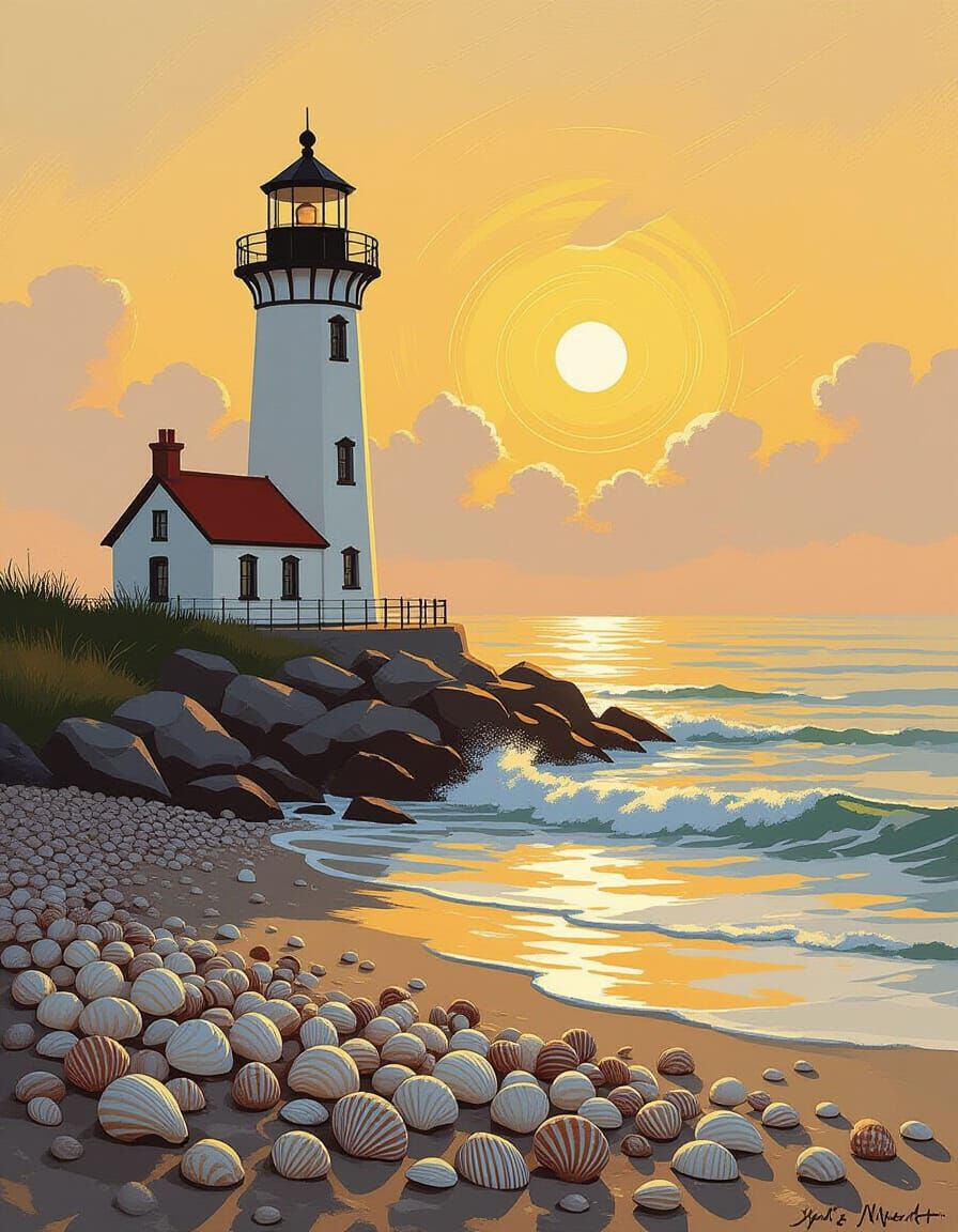 Lighthouse Shells: Impressionistic Golden Light Seascape