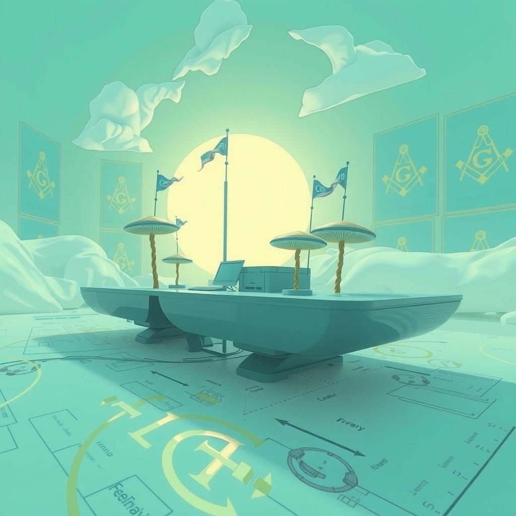 Whimsical Surreal Scene of Linocut Mushrooms and Bureaucrati...