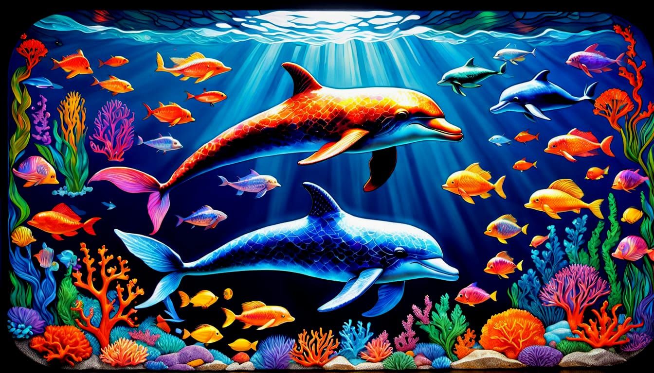 Stunning Stained Glass Holographic Dolphins in Vibrant Ocean...