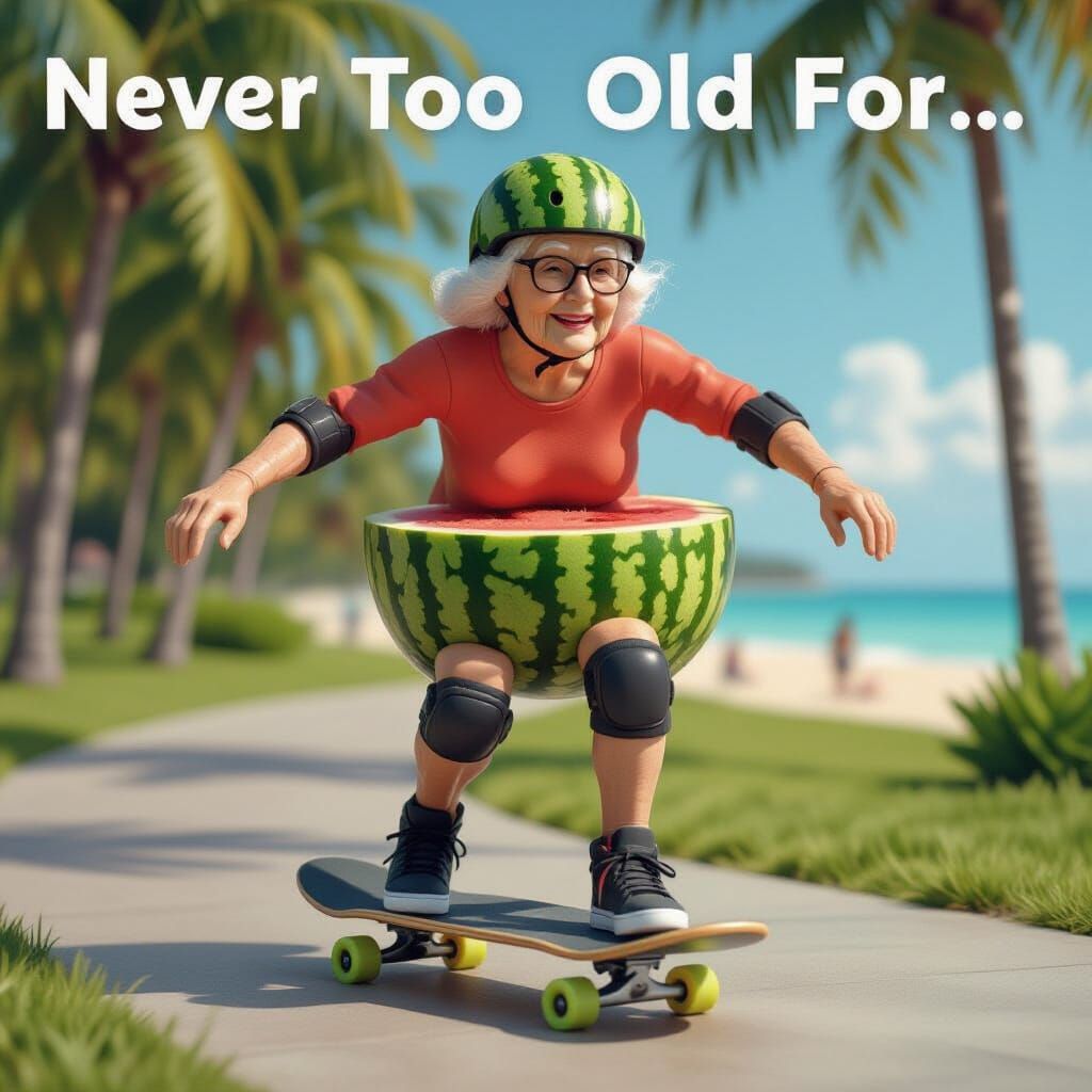 Edible Watermelon Sculpture of Elderly Woman Skateboarding