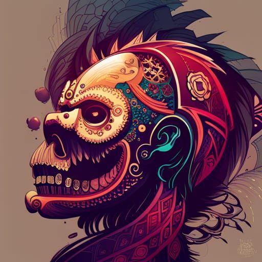 Steampunk Aztec Werewolf with Golden Outlines