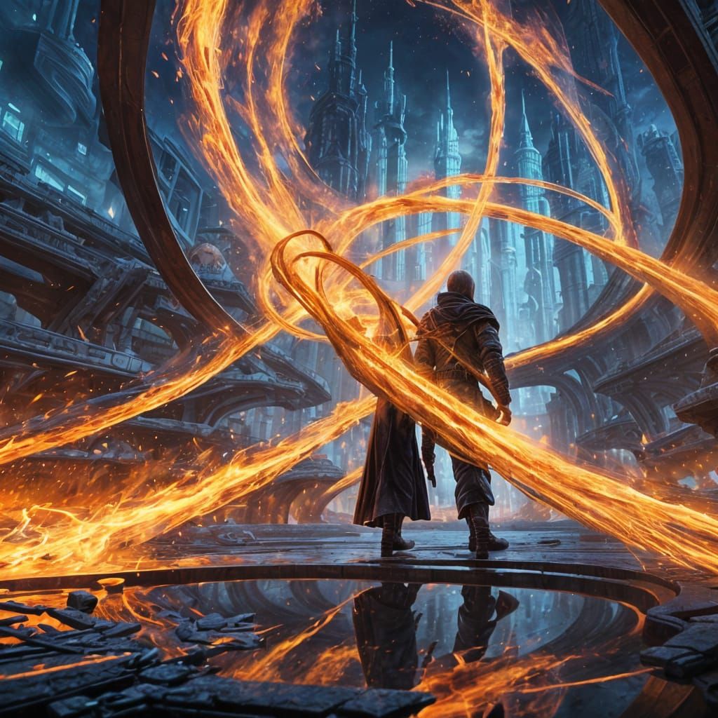 Digital Epic Fantasy Scene: Technomancer Creates Blazing Sea...