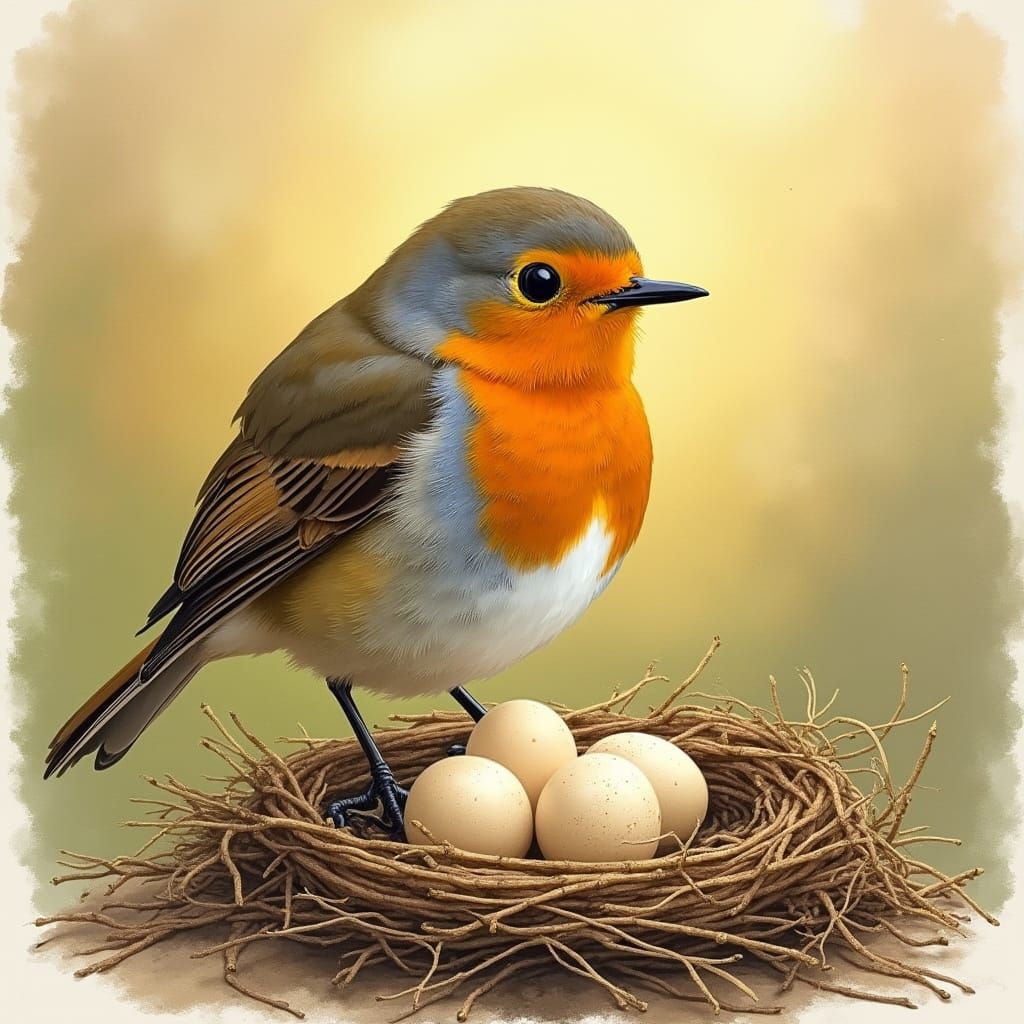 Vigilant Robin Protecting Nest in Wildlife Art Style