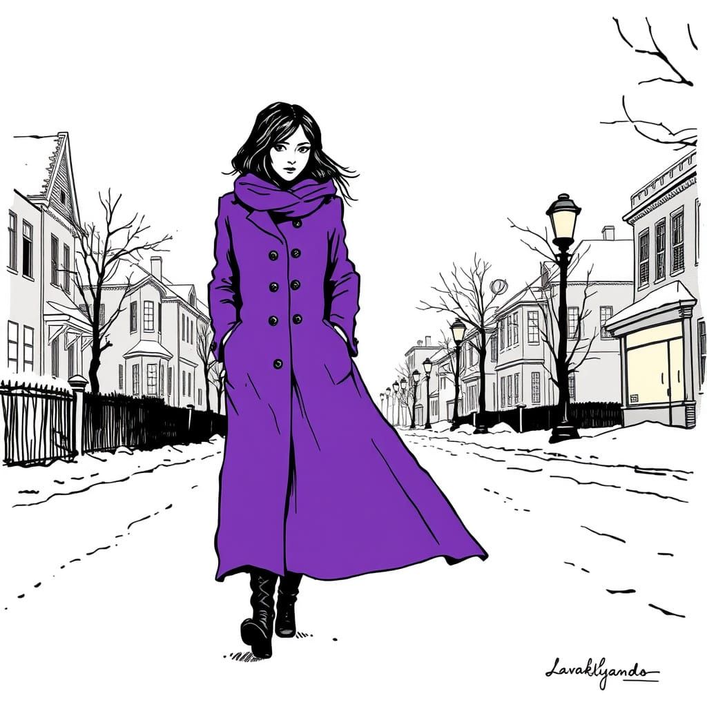 Woman in Purple Coat: Minimalist Ink Line Art