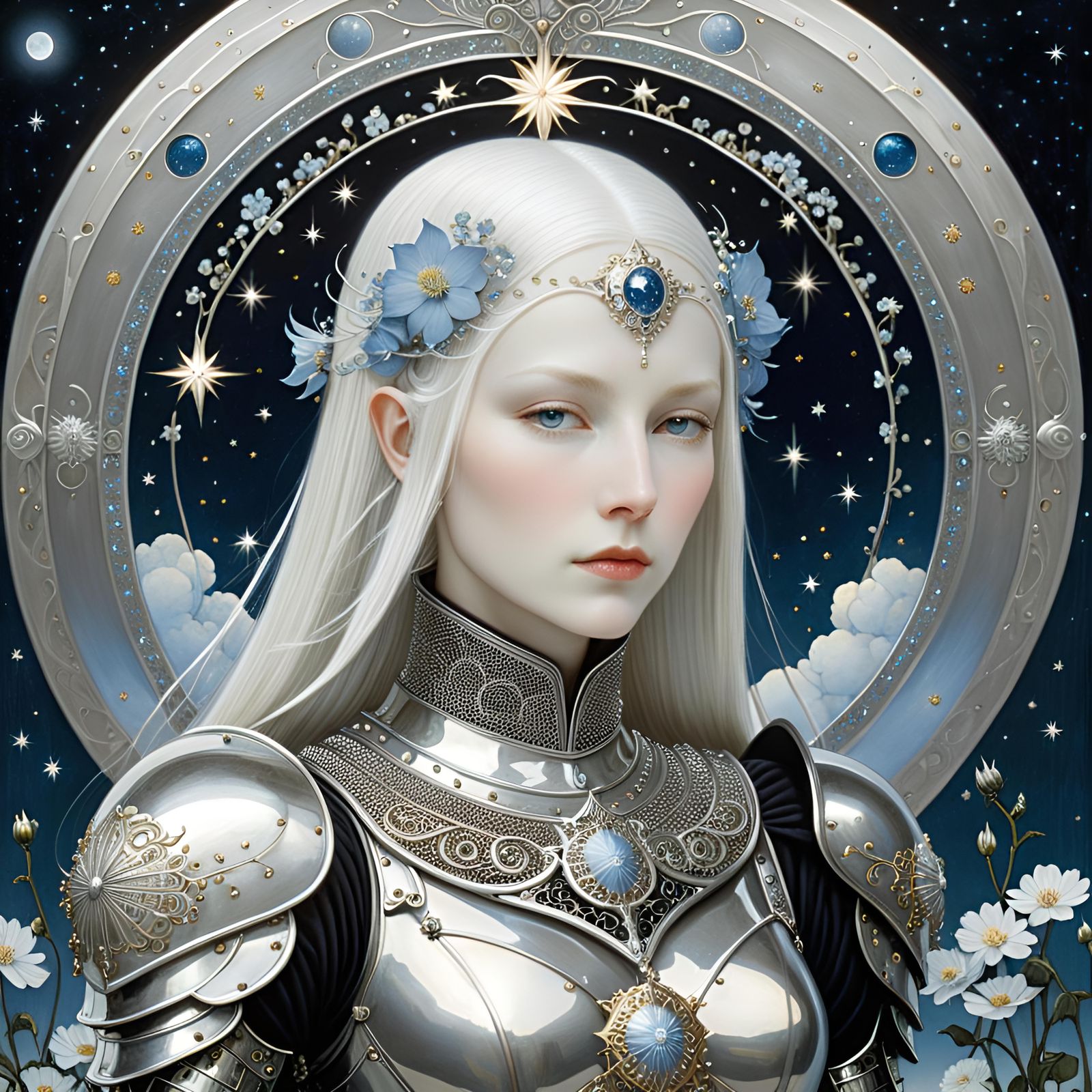 Silver Haired Woman in Armor Under Moonlight