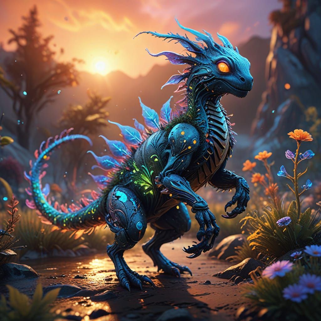 Whimsical Creature Dancing in Bioluminescent Fantasy Landsca...