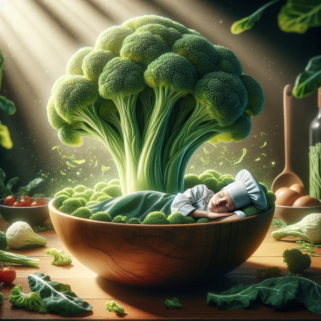 Tiny Chef Sleeps Under Giant Broccoli Tree in Salad Bowl
