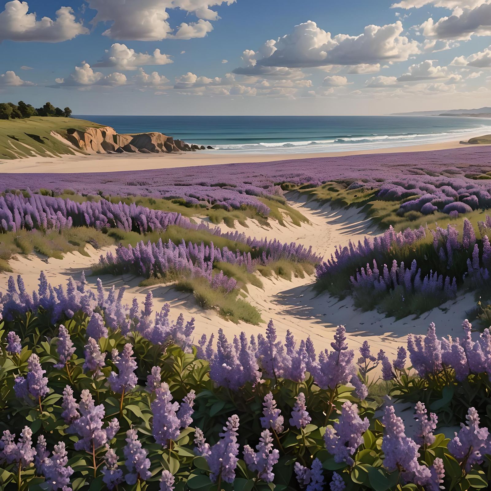 Vibrant Lilac Fields Meet Ocean Horizon