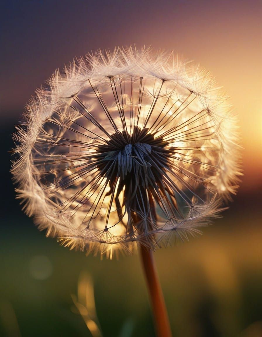 Dramatic Macro Sunset of a Dandelion Seed in Flight