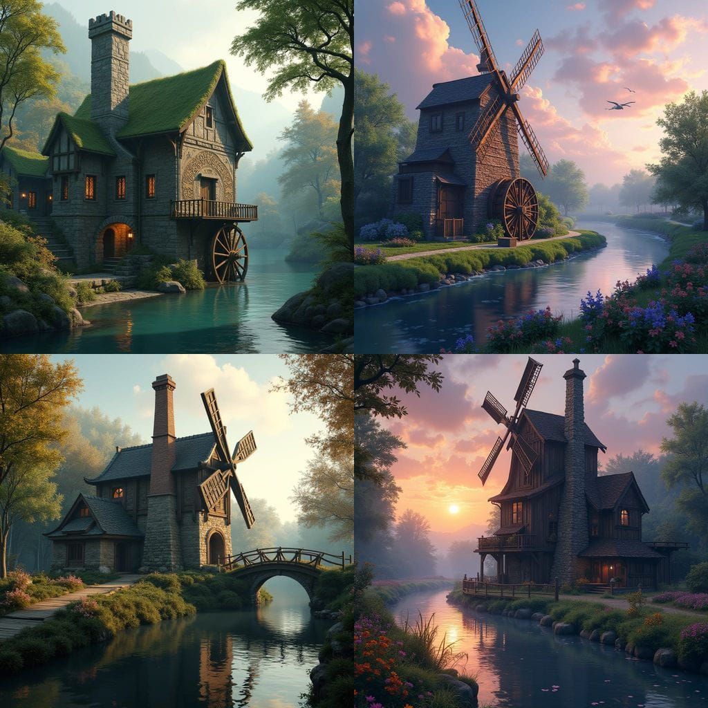 Fantastical Watermill in a River Valley