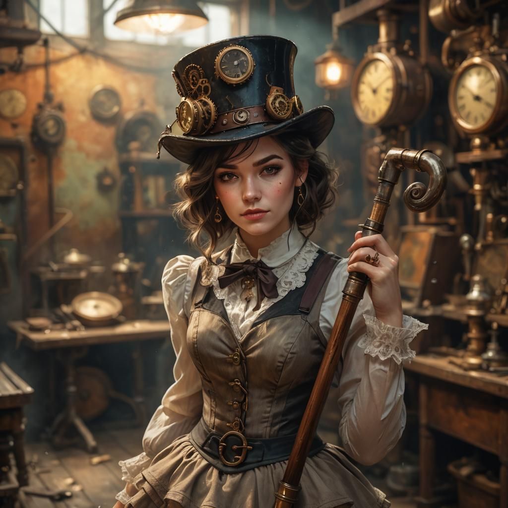 Steampunk Woman in Workshop: Hyperrealistic Concept Art