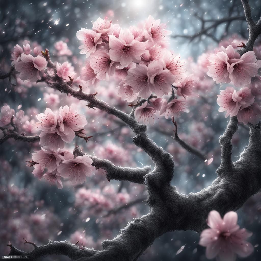 Epic Sakura Flower with Magic Wake, Charcoal Drawing