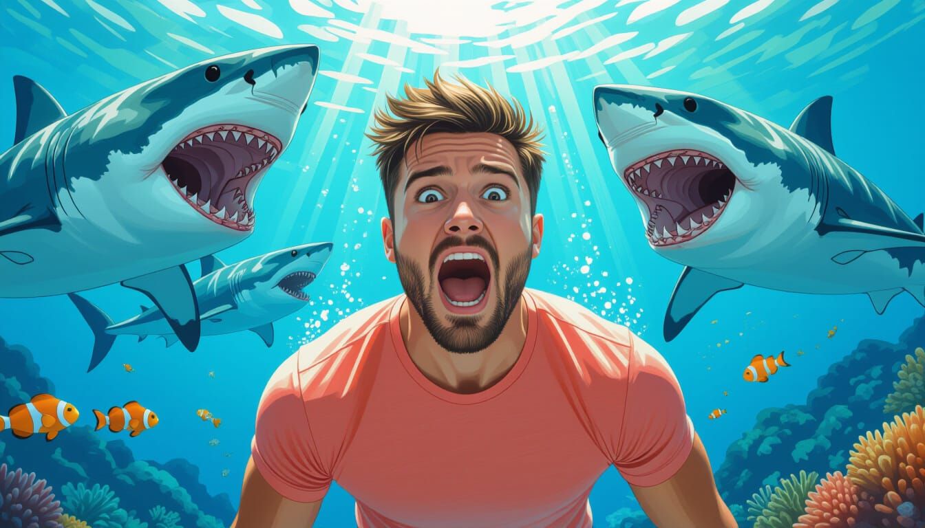 Man Confronts Sharks in Vibrant Underwater Scene