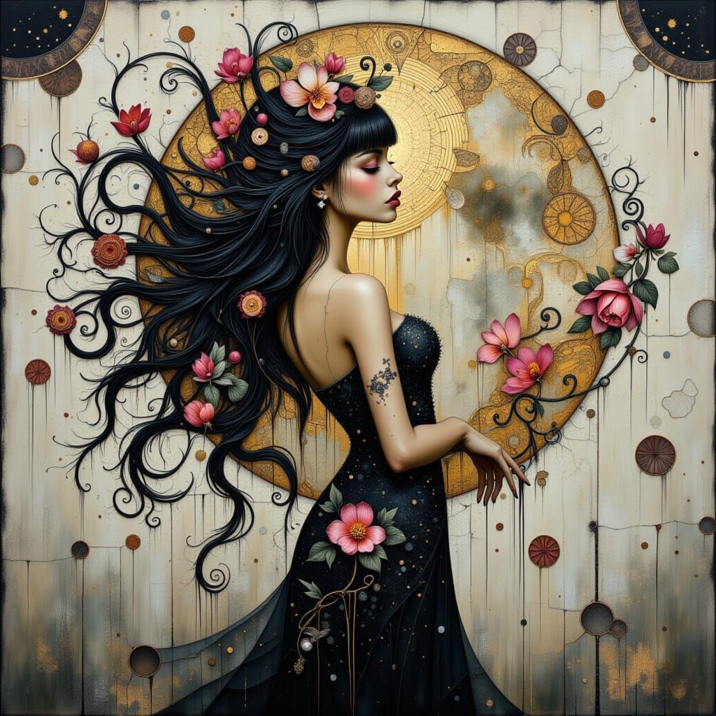 Art Nouveau Siren with Moon and Floral Adornments