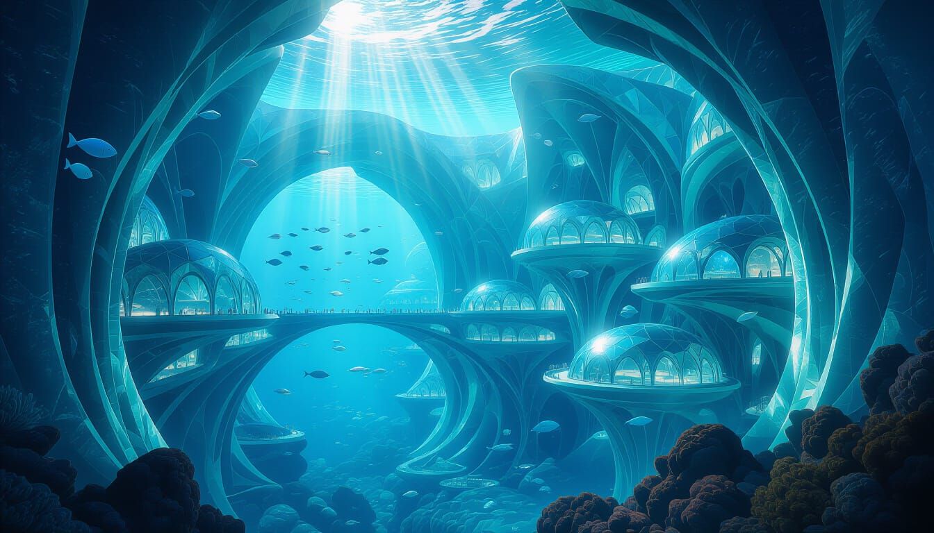 Breathtaking Crystalline Underwater City with Luminescent Fi...