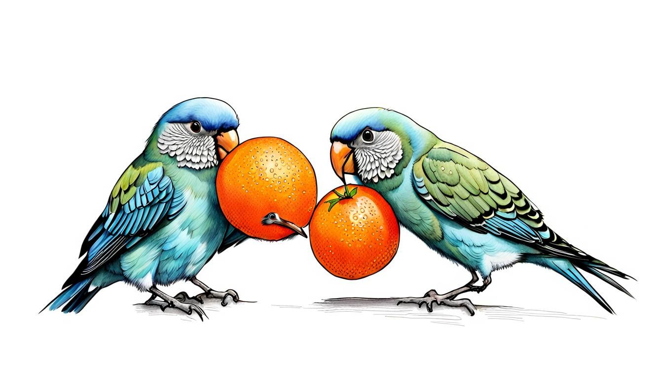 Lovebirds Sharing Oranges in Simple Drawing