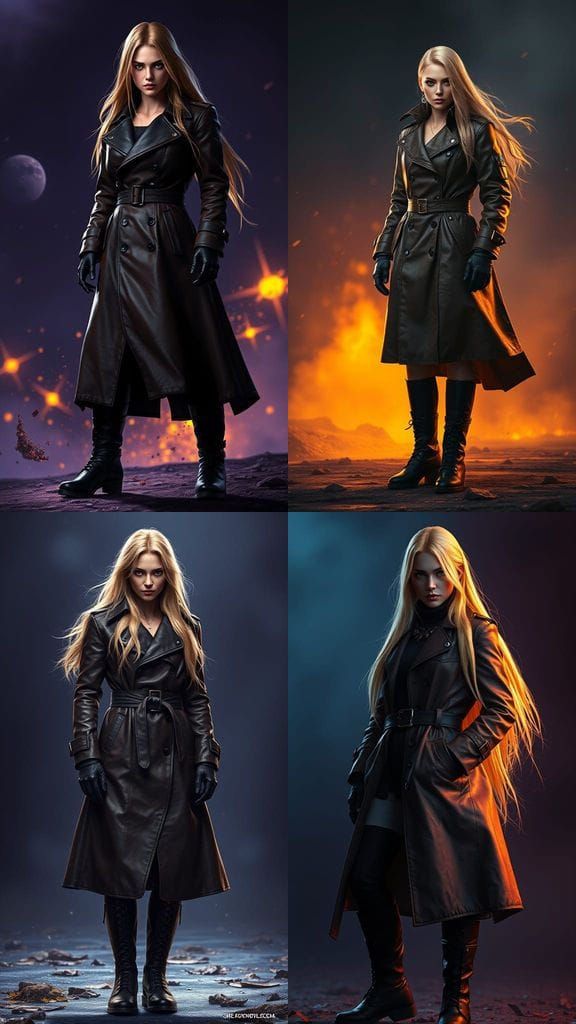 Ethereal Dark Fantasy Warrior in Brown Leather Coat with Met...