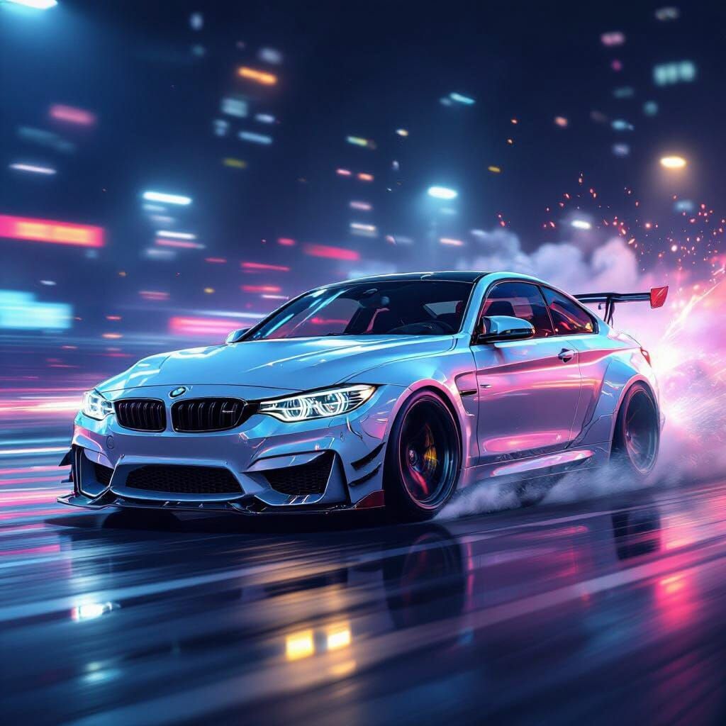 BMW Car Drifting at Night in Hyperrealistic Splash Art