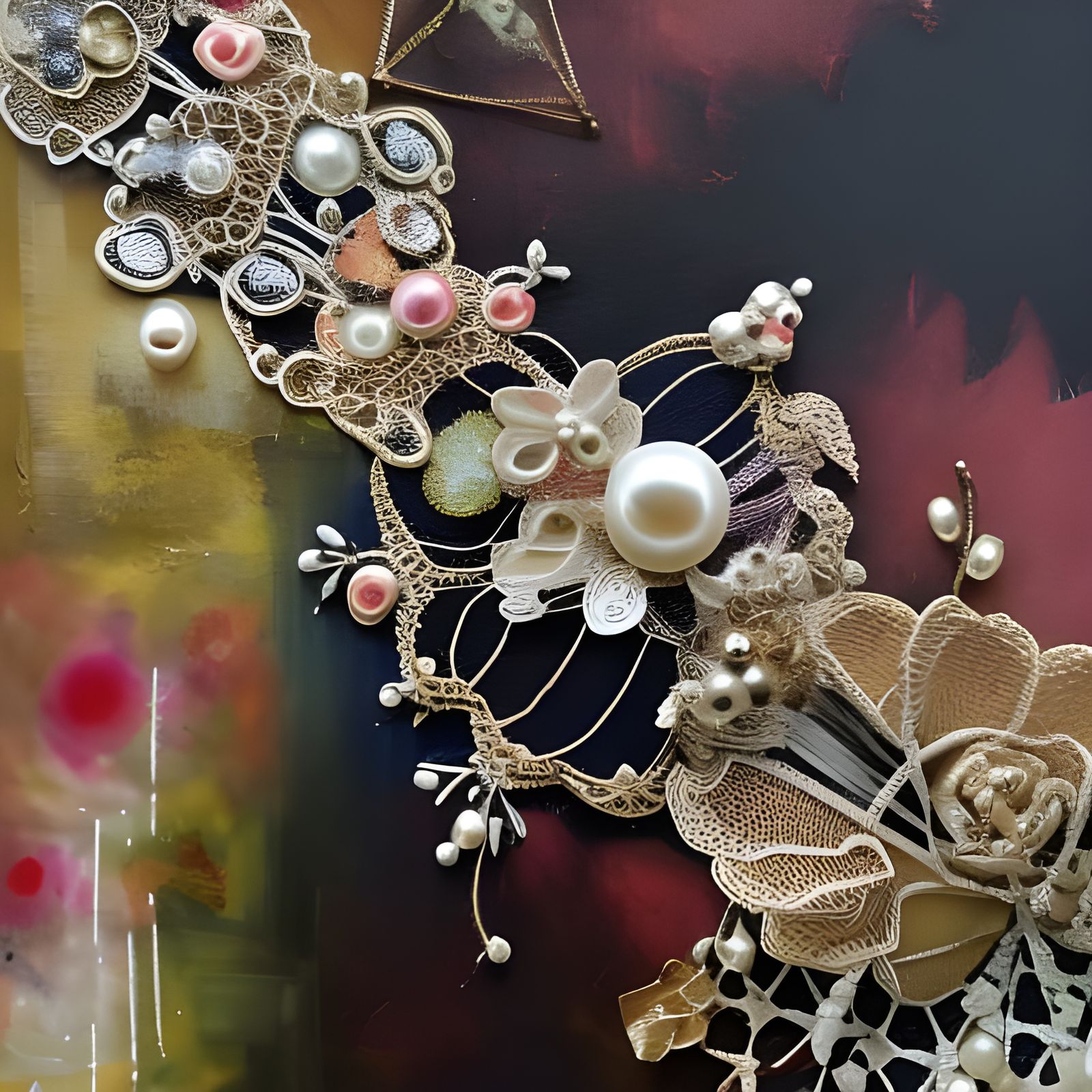 Surreal Mixed Media Collage with Pearls and Lace