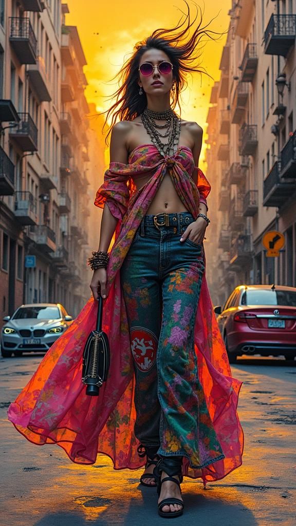 Eclectic Woman in Urban Sunset, Digital Street Art