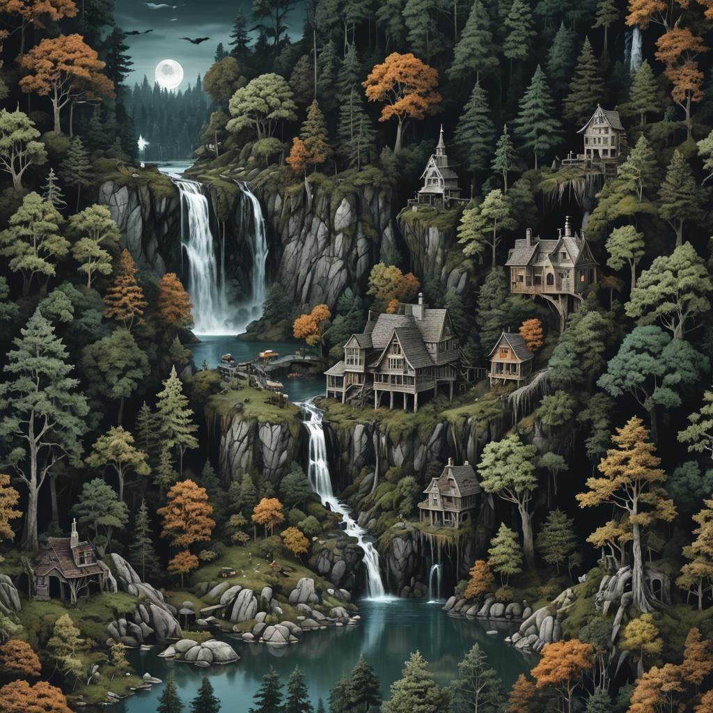 Realistic Creepy Forest with Lake and Hidden Town