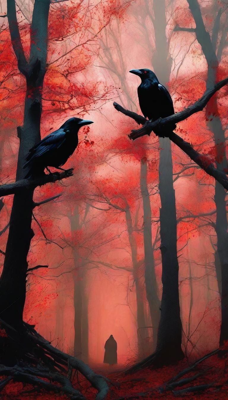 Eerie Dystopian Scene: Glowing-Eyed Crows in Dark Forest