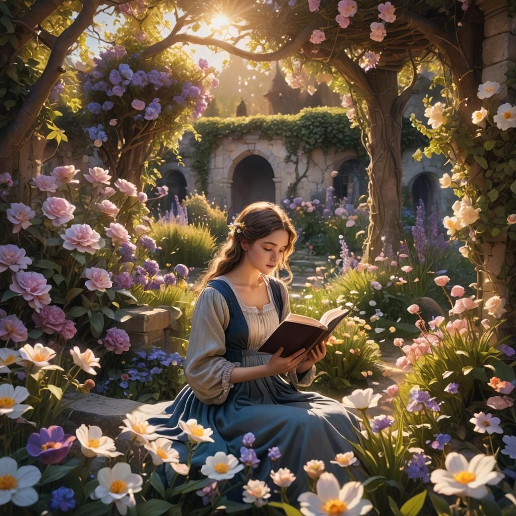 Girl Reading in a Flower Garden, Watercolor Style