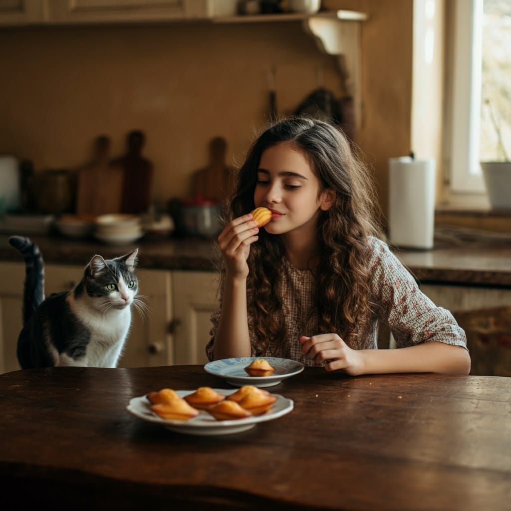 French Girl Savoring Cozy Moment in Country Kitchen