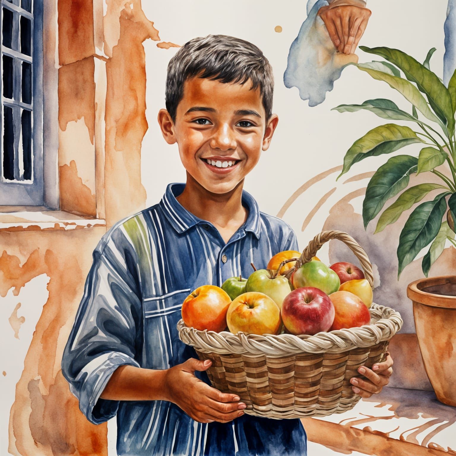 Fruit Basket and Boy: Cartoon Colored Drawing