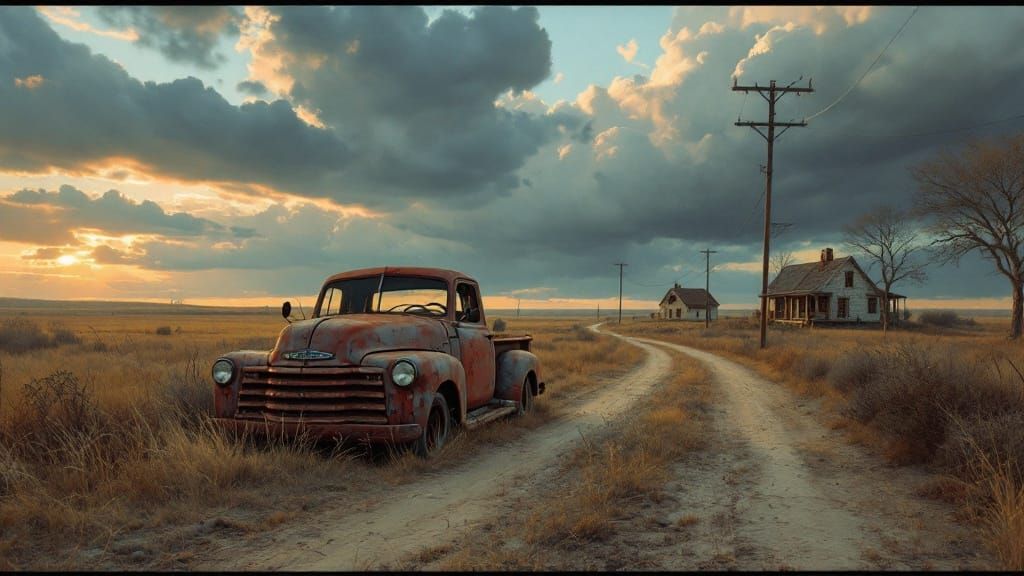 Abandoned Truck on Prairie, Americana Landscape as Digital A...