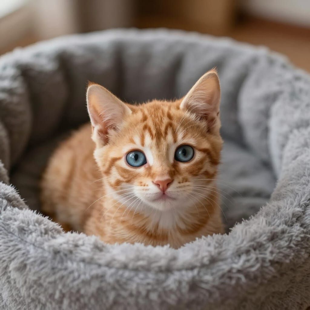 Adorable Ginger Kitten in Cozy Cat Bed