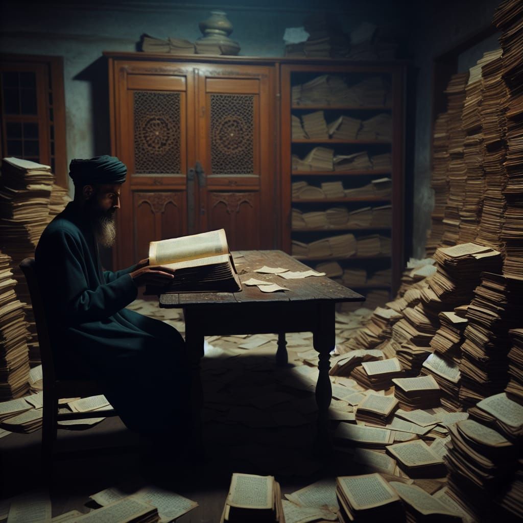 Devout Man Surrounded by Letters Late at Night