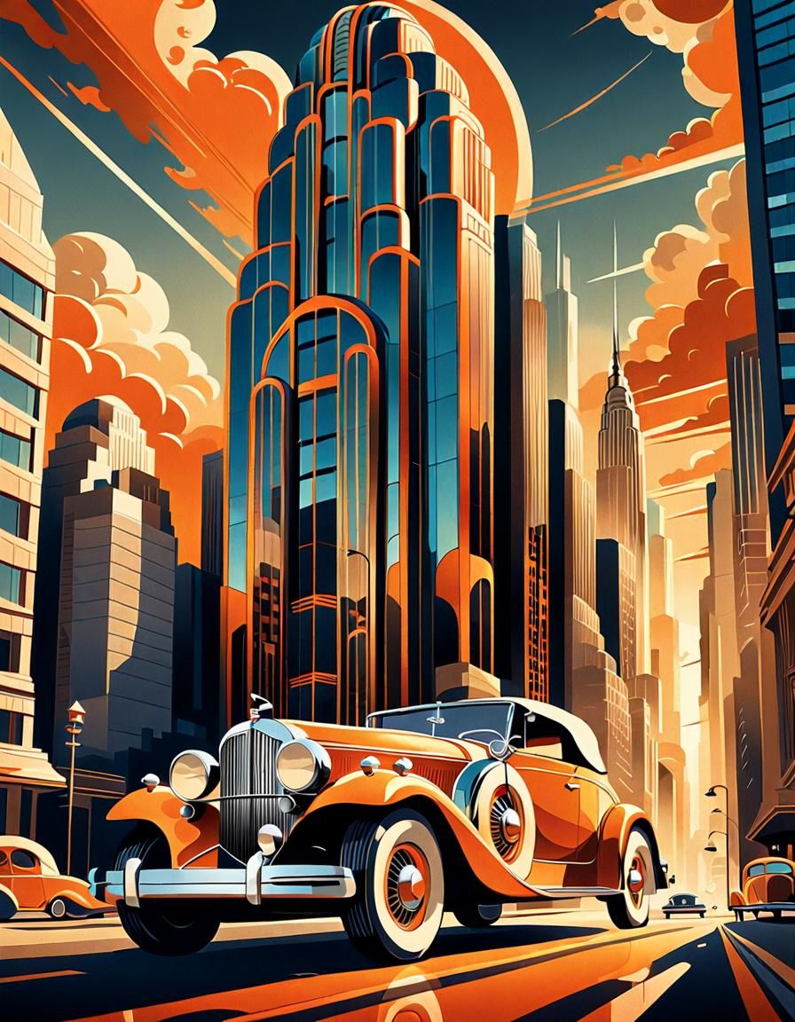 Elegant Vintage Car in Art Deco Illustration