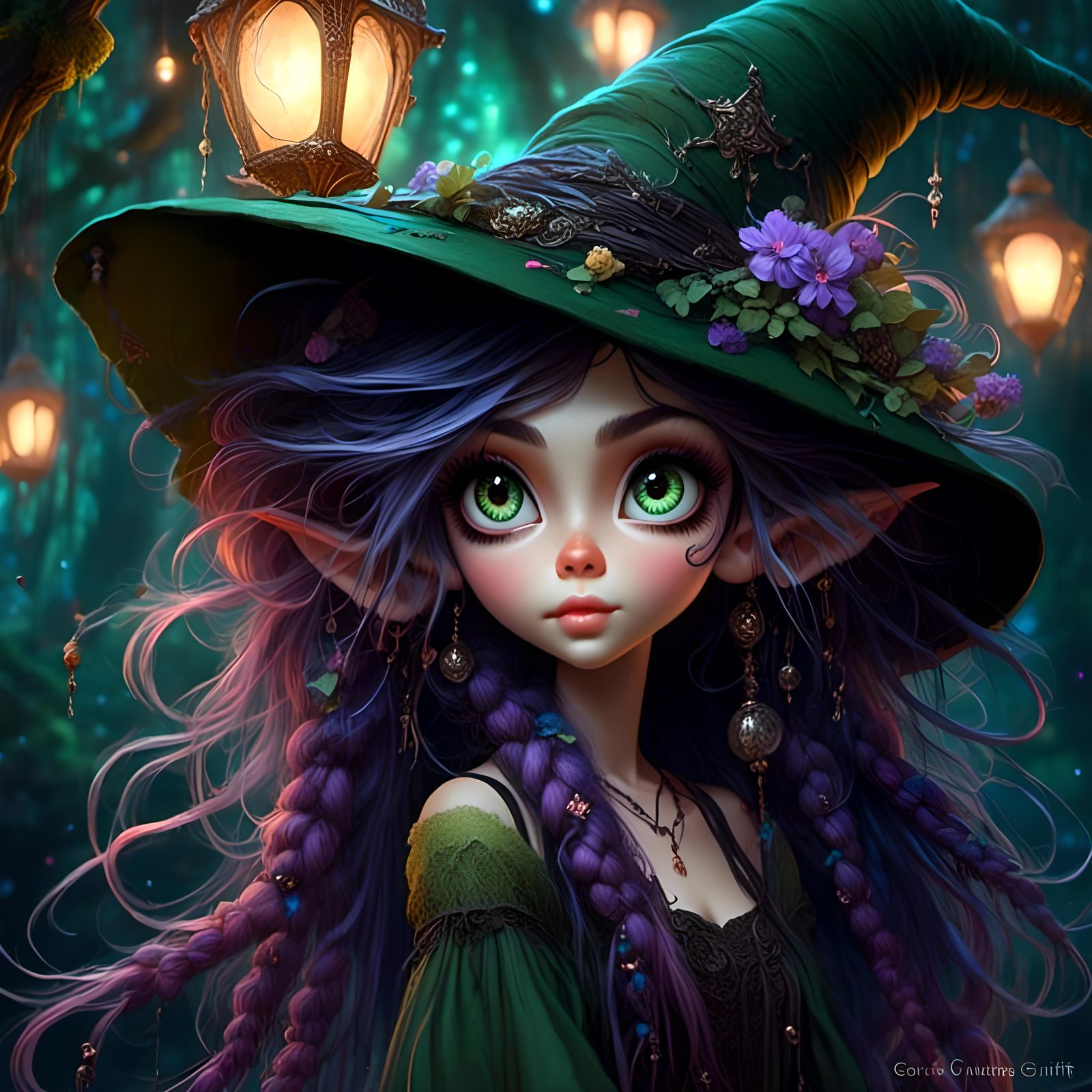 Adorable Witch Girl in Forest, Whimsical Illustration