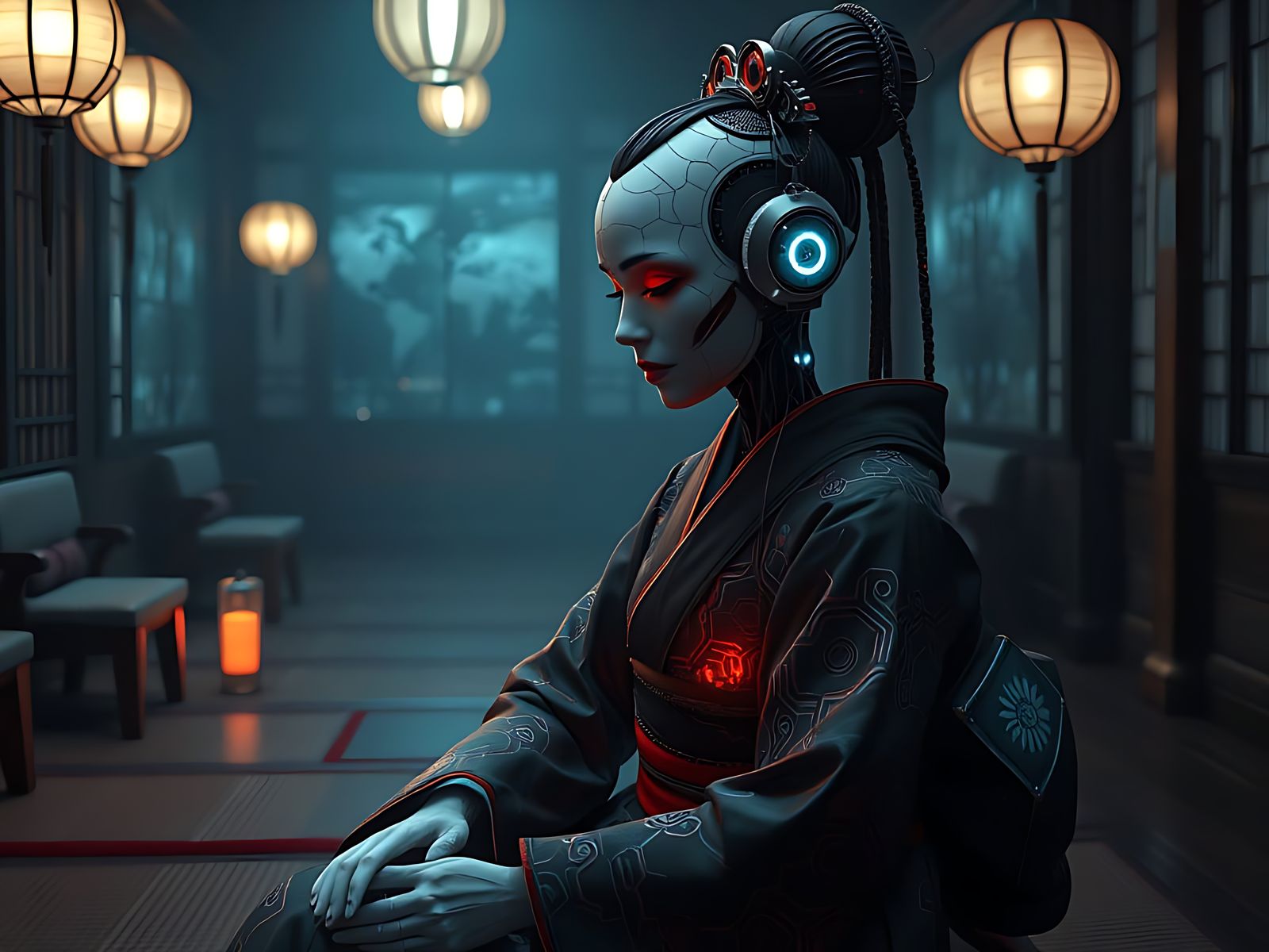 A melancholic android geisha sits alone in a dimly lit teaho...