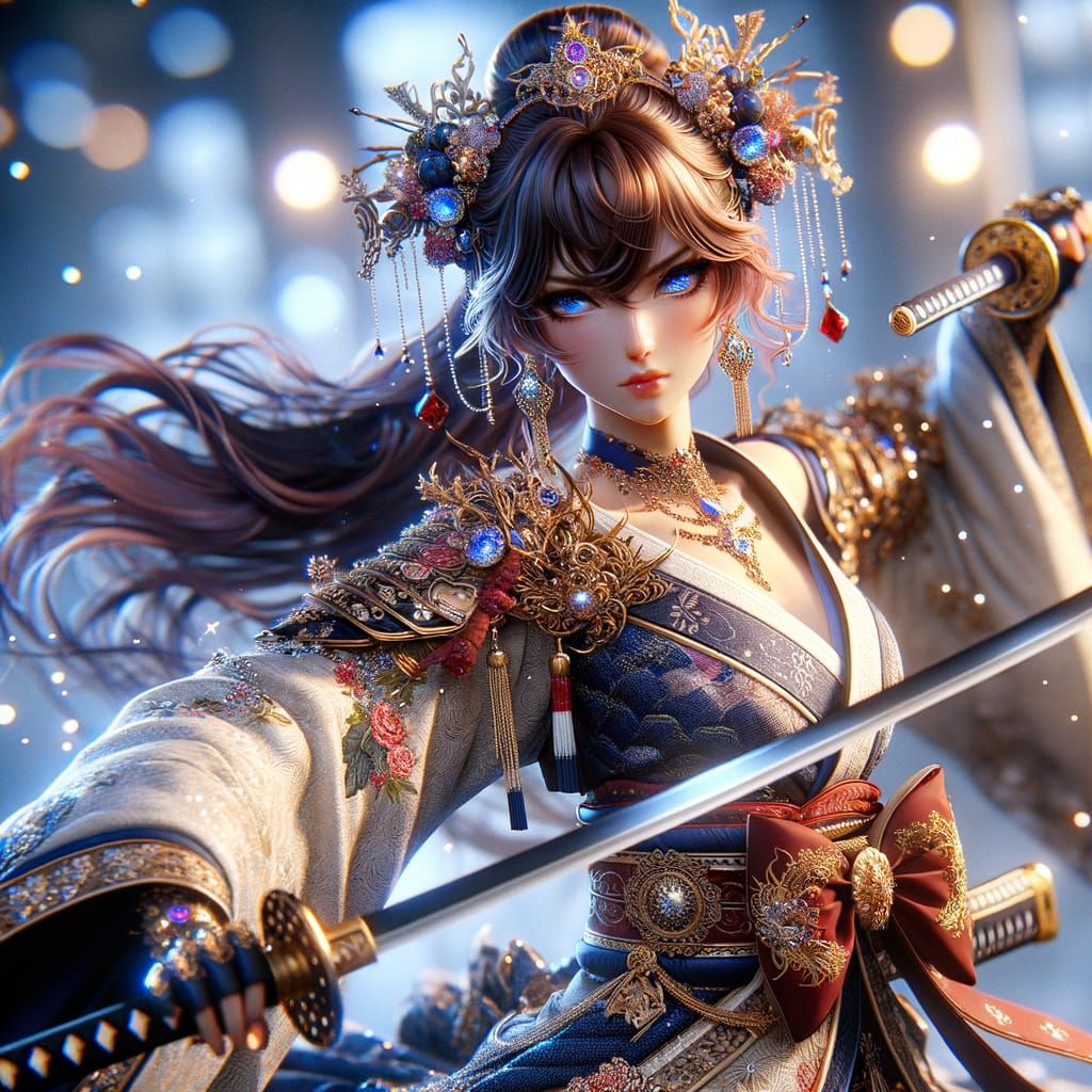 Anime Female Warrior in Samurai Armor with Katana