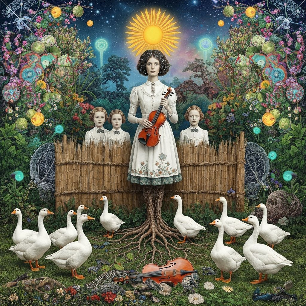 Folkloric Robot with Twins in Surreal Eco-Art Garden