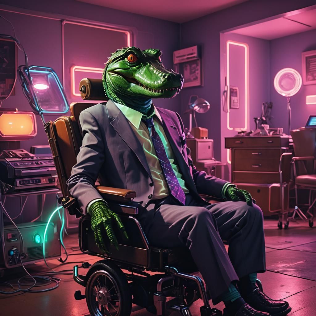 Synthwave Alligator in Nursing Home with Neon Lights