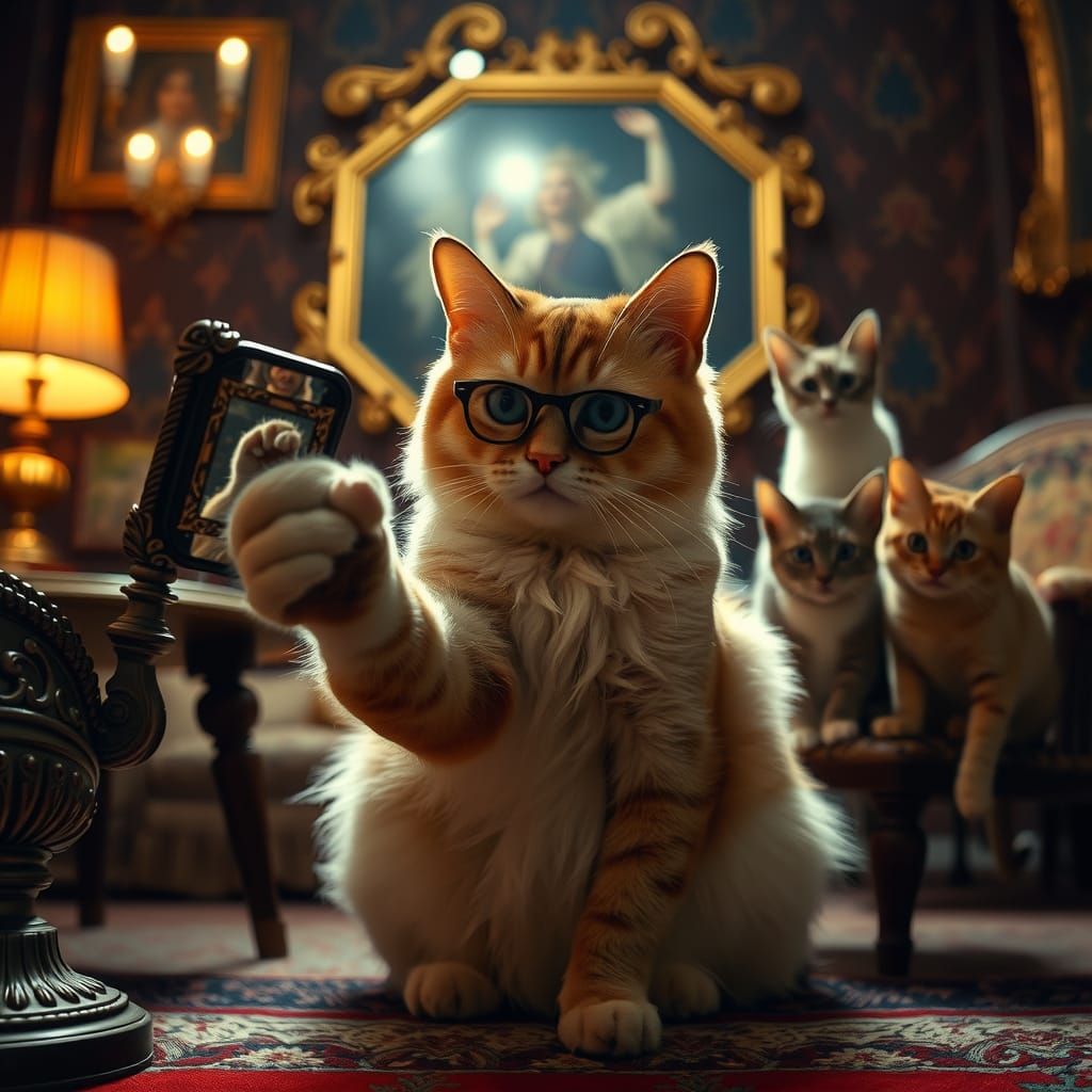 Elegant Cat Selfie with Mischievous Photobombing Felines