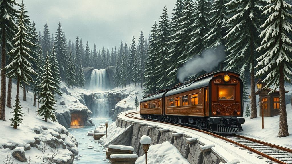 Winter Landscape with Vintage Train as Papercraft Collage