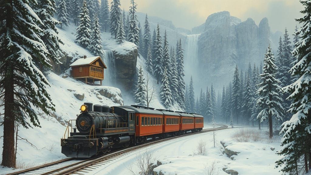 Vintage Train in Winter Forest Landscape as Collage