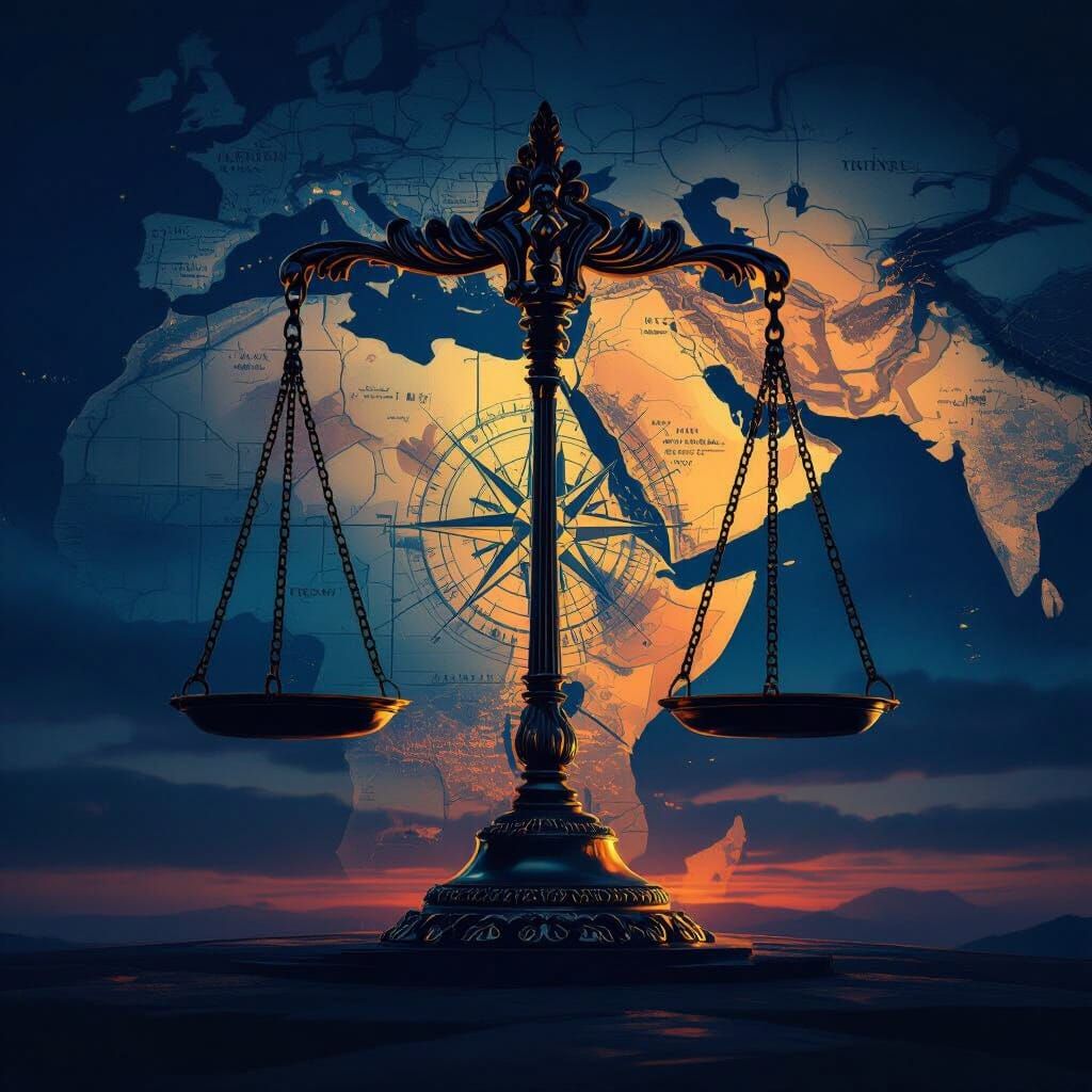 Middle East Map on Balance Scale at Dusk