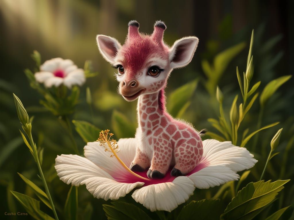 Pink Giraffe on Hibiscus: Disney Pixar Style